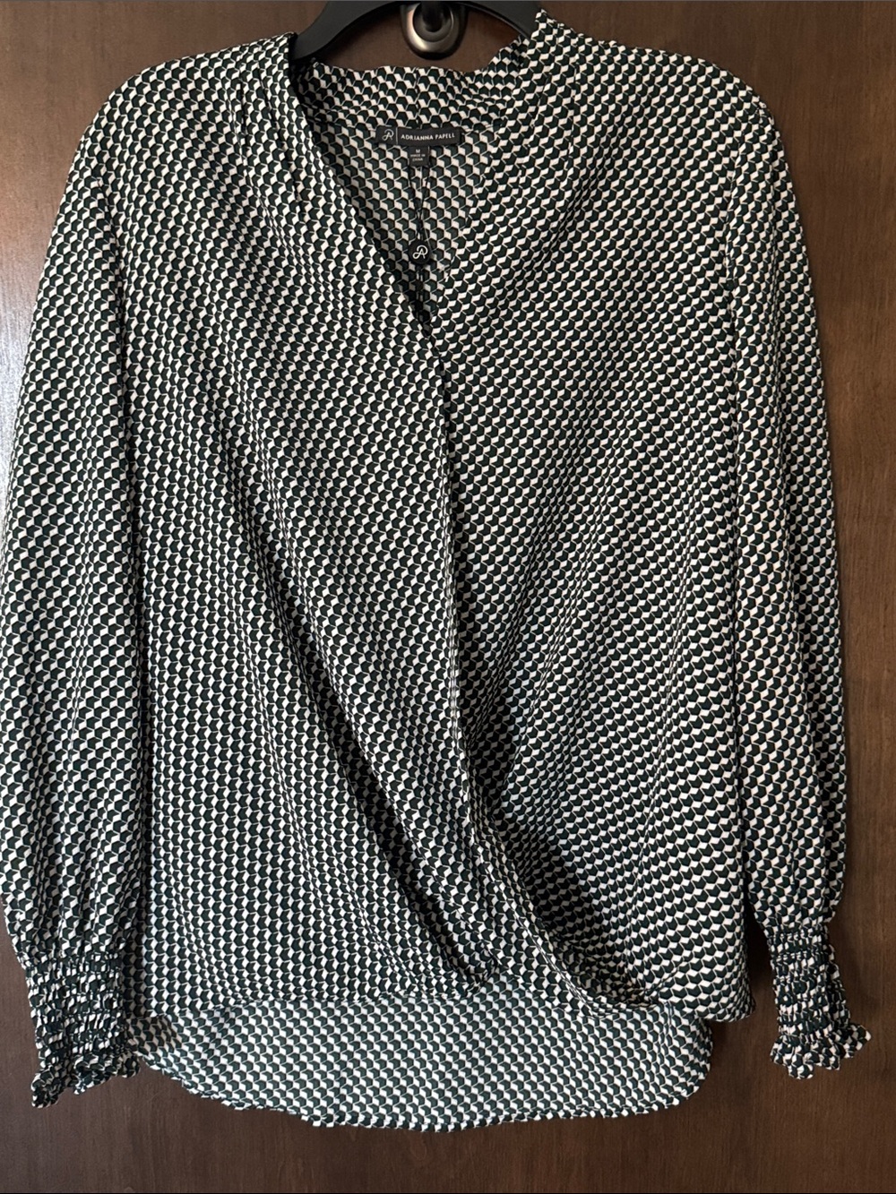 Adrianna Papell Green, Black, and White Geometric Printed Wrap Blouse